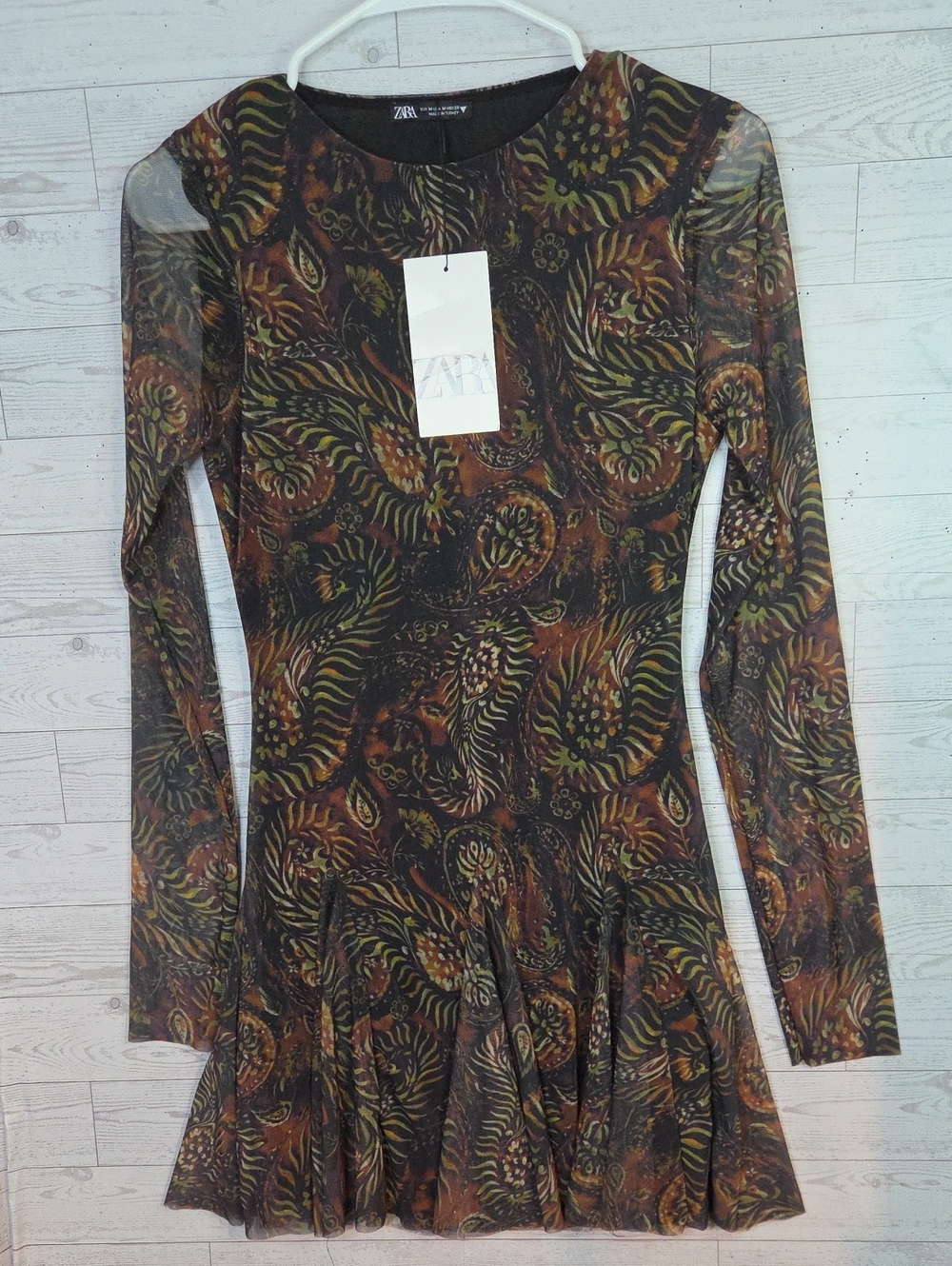 Zara Long Sleeve Mesh Dress in Black with Brown & Olive Paisley Sz M